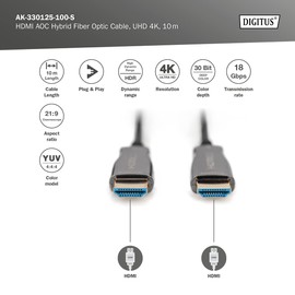 DIGITUS HDMI AOC Hybrid Fibre Optic Cable - HDMI 2.0b - 10m - Ultra HD 4k/60Hz - Ethernet Channel - HDR ARC HDCP 2.2 - Compatible with TV/Projector/Monitor - Gold-Plated Contacts - Black