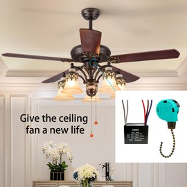 YukiHalu Ceiling Fan Pull Chain Switch 3 Speed 4 Wire, Ceiling Fan Capacitor CBB61 4.5uf + 6uf + 5uf 5 WIRE 250V, Light Switch for Fan and Light (Antique)