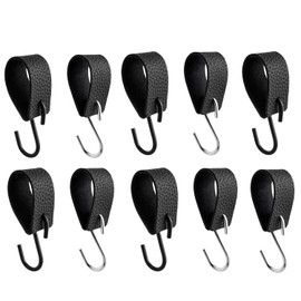 Mesee Pack of 10 S Hooks Black with Leather Loop, S Coat Hooks, Leather S Hooks for Clothes Rail, Portable Camping Hanging Hook for Kitchen, Cupboard Hanging, Bathroom, Bedroom, Living Room