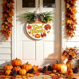 12 Inch Thanksgiving Wooden Wreath Sign, Give Thanks Front Door Hanger