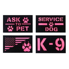 4 Pack Reflective Service Dog Ask to Pet k-9 Tactical Patchs Hook-Fastener Backing (Glow in Dark-Mix-Pink)