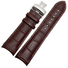 22mm 23mm 24mm Genuine Leather Curved End Watch Band Strap Black Brown Silver Deployment Buckle Clasp (23mm Brown Deployment B), 23 mm, yellow-topaz