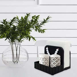 Karisky Rustic Napkin Holder Salt and Pepper Shakers Holder, Farmhouse All-in-One Solid Real Wood and Metal Napkin Caddy with Non-Slip Base for Tables, Kitchen, Black