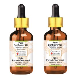 Greenwood Essential Pure Sunflower Oil (Helianthus annuus) with Glass Dropper Natural Therapeutic Quality Cold Pressed (Pack of Two) 100 ml x 2 (6.76 oz)
