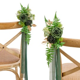 Ling's Moment 8 Wedding Aisle Pew Artificial Flowers Arrangements for Ceremony Chair Back Floral Decorations with Chiffon Ribbons Emerald & Gold Reception Church Rose Faux Hanging Rose Party Outdoor