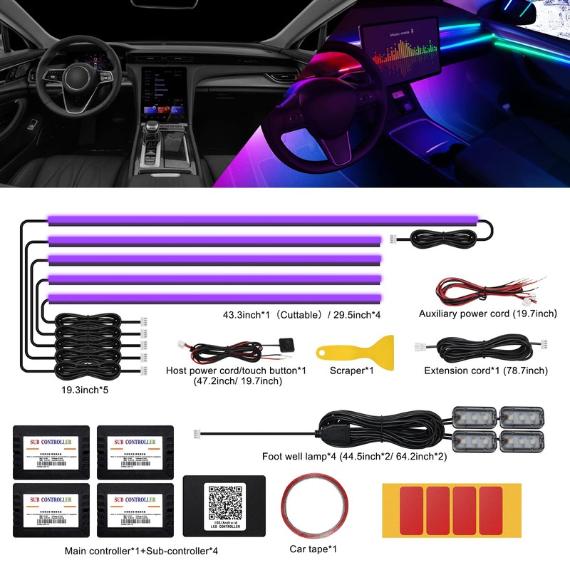 Acrylic Interior Car LED Strip Light with Wireless APP, RGB