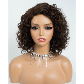 Style Icon Short Water Wave Wigs Human Hair Side Part Lace 12 inch Dark Brown Curly Bob Wigs Glueless Wear and Go Wig for Women C-Lace (Color:4)