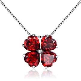 JIANGXIN January Birthstone Natural Garnet Red Gemstone 925 Sterling Silver Pendant Necklace for Women Lucky Four leaf Clover Plant Shamrock Jewelry White Gold Plated Birthday Gift for Ladies