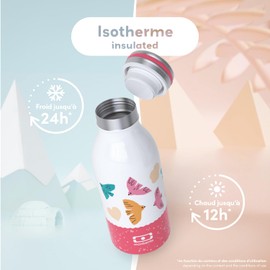 MONBENTO - Children's Bottle Stainless Steel MB Cooly Pink Birds - Children's Insulated Bottle for On the Go School Picnic - 350 ml Water Bottle Children BPA Free for Hot/Cold Drinks - Bird
