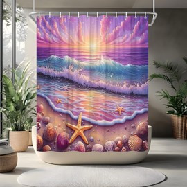 RJSMRJ Purple Sunrise Beach Shower Curtain Ocean Coastal Pink Starfish Seashell Sunset Summer Tropical Nautical Hawaii Seaside Seascape Bathroom Curtains Set Polyester Fabric with Hooks 70" W x 70" L