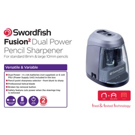 Swordfish ‘Fusion²’ Dual Power Double-Hole Pencil Sharpener with Pencil Point Options and Helical Blade [40309] 8–10 mm, Grey, Black