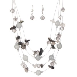 Layered Chunky Statement Necklace for Women Colorful Boho Beaded Necklaces and Earring Set Fashion Costume Jewelry for Women(54-Black grey)