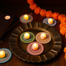 Retisee 6 Pcs Diwali Floating Lotus Tealight Candle Holder with Multicolor DIY Diamond LED Waterproof Flameless Lotus Tea Lights Indian Lamp for Diwali Puja, Home and Outdoor Party Decorations