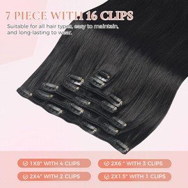MEI YUAN LIN Extensiones De Cabello Humano Con Clip, 120 G, 18 Pulgadas, Color Negro Natural, 7 Unidades, Cabello Humano Remy Liso, Para Mujer (#1B, 18 Pulgadas)