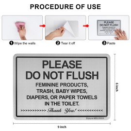 4 Pack Do Not Flush Sign for Bathroom, 9" x 6" Self-adhesive Do Not Flush Anything Except Toilet Paper Sign, Aluminum Metal Signs for Business and Home