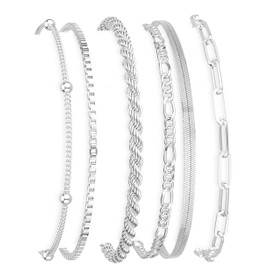 DEARMAY Dainty Silver Plated Bracelets for Women Trendy, Silver Jewelry Set Paperclip Box Herringbone Figaro Rope Chain Bracelet for Women Fashion Pack Gifts