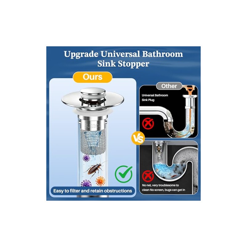 Premium Pop-Up Bathroom Sink Strainer with Removable Hair Catcher