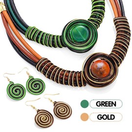 Barode Statement Choker Necklaces Earrings Green African Chunky Bib Collar Ethnic Tribal Costume Jewelry Set for Women (Gold)