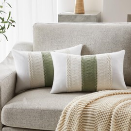 YZJZEDS Soft Cotton Boho Lumbar Throw Pillow Covers Set of 2, Natural White/Contrast Green 12x20 Inch, Sage Green Farmhouse Decorative Cushion Covers for Sofa Bed Living Room Home Decor