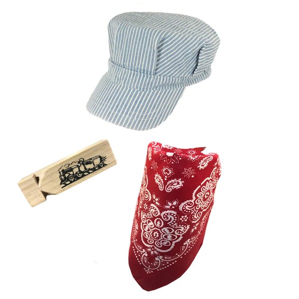 Blue Striped Child Engineer Hat, Red & White Paisley Bandana & Whistle Set