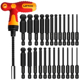 Ball End Hex Head Allen Wrench Drill Bit Set with T Handle Ratchet Driver, LATTOOK Ball End Hex Bit Set Allen Key Bit Set with T Handle, Magnetic S2 Steel, 24PCS Metric & SAE