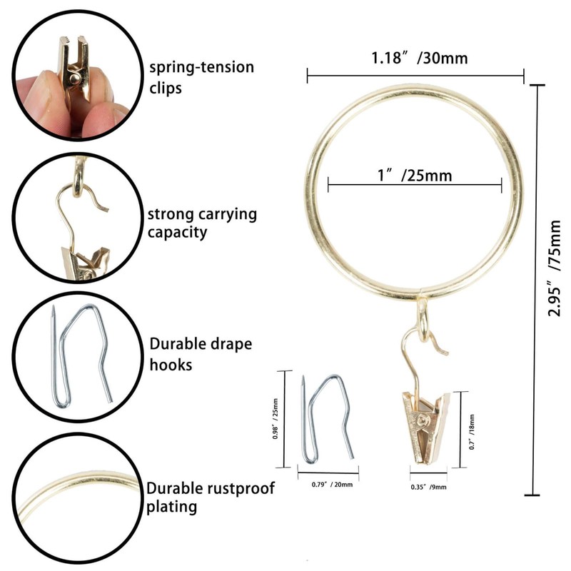 Curtain Rings and Hooks Clip,25mm Inside Diameter,Complete Set with Curtain