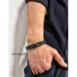 BIYONGDE Handmade Braided Black and Green Leather Bracelet for Men with Black Stainless Steel Clasp, Classic Urban Stylish