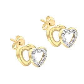 Carissima Gold Women's Pave Double Heart Stud Earrings Set Cubic Zirconia 10.5 mm x 7.7 mm 9-Carat (375) Gold, Yellow Gold, yellow gold
