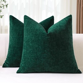 JOTOM Set of 2 Cushion Covers 50x50 cm Soft Chenille Dark Green Decorative Throw Pillow Covers 20x20 Inch Square Cushion Case Solid Pillowcases for Couch Sofa Living Room Bed Home Decor (Dark Green)