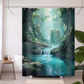 DLTAY Waterfall Shower Curtain Forest Rainforest Nature Scenic Landscape Bathroom Decor, Waterproof Cloth Fabric with Hooks, 72x72 Inch