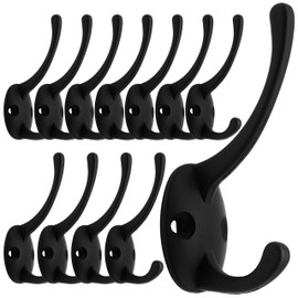 IBosins 12 Pack Black Coat Hooks Wall Mounted with 24 Screws Retro Double Hooks Utility Black Hooks for Coat, Scarf, Bag, Towel, Key, Cap, Cup, Hat