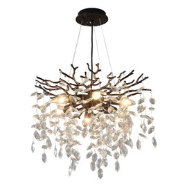 EGM Black Tree Branch Crystal Chandelier, 18 Inch Modern Dining Room Crystal Chandelier 6-Light(E12), Hanging Round Chandeliers for Living Room Bedroom Foyer