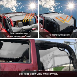 Shadeidea JK Sun Shade Top Compatible with Jeep Wrangler JKU Top Sunshade Soft Mesh Roof Cover (2007-2018)- Wind Noise UV Blocker -10 Year Warranty -2 Door -Gray -Front&Rear&Back (Full Length)