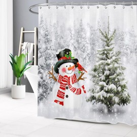 LB Cute Snowman Christmas Shower Curtain Decor, Winter Nature Landscape Snowy Forest Shower Curtain for Bathroom 72X72 inch Polyester Fabric Bathroom Decoration Bath Curtains Hooks Included