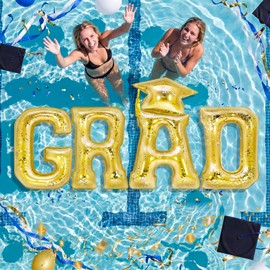 Gemscream 2026 Graduation Pool Floats Party Decorations 20 Inch Gold Grad Inflatable Floating Pool Letters Glitter Grad Prom Letters Photo Props for Graduation Beach Party Backdrop Banner