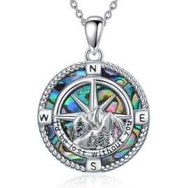 Flpruy Compass Necklace 925 Sterling Silver Mountain Compass Pendant Natural Abalone Shell Talisman Travel Necklace I'd Be Lost without You Graduation inspirational Jewelry Gift for Women