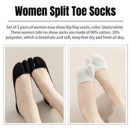 Hybursky Women Tabi No Show Socks 3 Pairs Non Slip Flip Flop Socks Low Cut Ladies Japanese Split Toe Socks(Black)