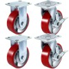Polyurethane Caster Wheels 4 Inch Red Side Brake Ball Bearing