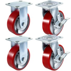 Polyurethane Caster Wheels 4 Inch Red Side Brake Ball Bearing Industrial Machine Use 1000LBS Capacity Plate 9595 mmNumber of Sets: 4, Wheel Diameter: 6 inch