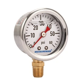 MEASUREMAN 1-1/2" Dial Size, Glycerin Filled Fuel Pressure Gauge, 304 Stainless Steel case, 0-60Psi, -3-2-3%, 1/8" NPT Lower Mount