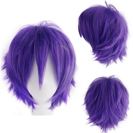 YEESHEDO Unisex Short Bob Anime Cosplay Wigs Full Natural Layer Straight Fluffy Hair Costume Party Fancy Dress Wig for Women Men (Purple)