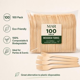 MAR Wooden Forks 100 Pack Disposable Cutlery Compostable for Parties BBQ