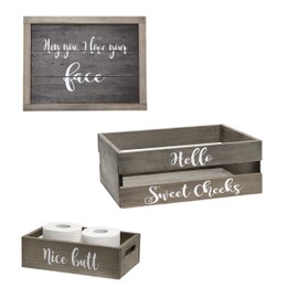 Elegant Designs HG3000-RGC Three Piece Decorative Wood Bathroom Set Large, Cheeky (1 Towel Frame, 1 Toilet Paper Holder), Rustic Gray