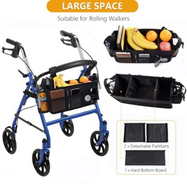 Upgrade Walker Basket with Cup Holder,Large Rollator Walker Accessories Bag with Multiple Pockets, Rollator Accessories for Seniors Rollator Basket for Rolling Folding Walker Never Tipping Over