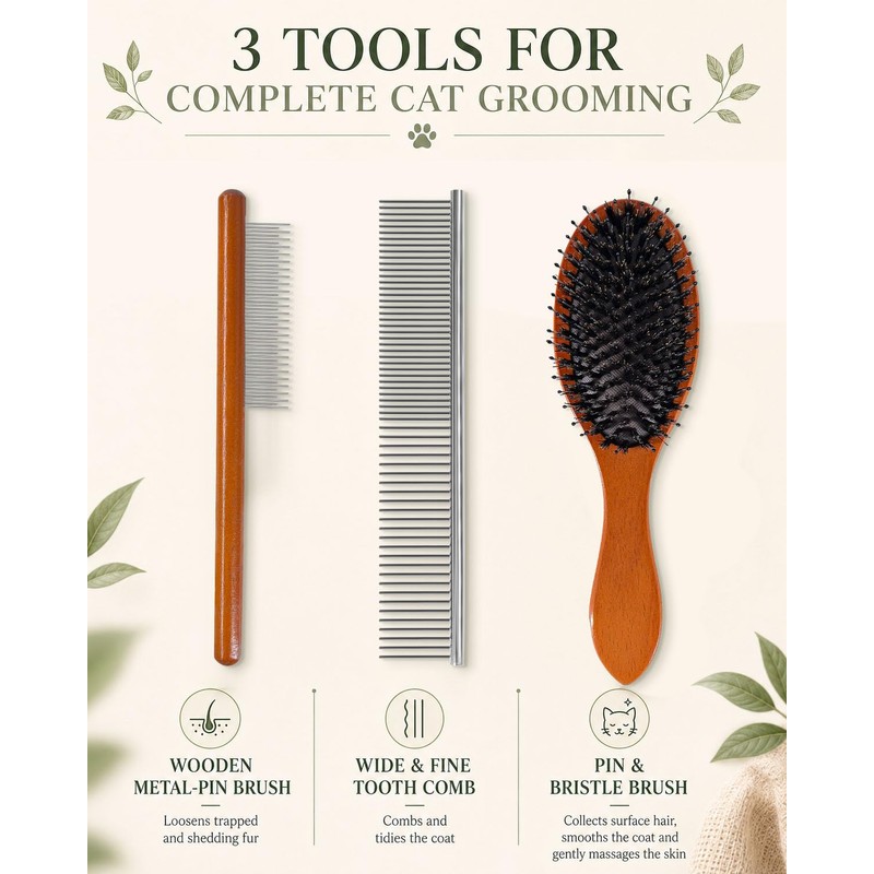 Angootao 3Pcs Natural Boar Bristle Dog Grooming Brush Set
