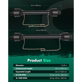 SCITOO Black 39"-63" PTO Shaft, 1-3/8" PTO Drive Shaft 6 Splines End Round End PTO Driveline Shaft, Series 4 PTO Shaft with Slip Clutch Fit for Bush Hog, Finish Mower, Tractor