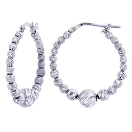 Sterling Silver Polished Graduated Beaded Hoop Earrings for Women | 2.5x25mm Round Hoop Earrings | Secure Snap Bar Closure | 14k Shiny Classic Earrings