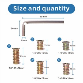 Mariyandh 58pcs 1/4-20 Threaded Inserts Kit, Wood Inserts, Steel Threaded Inserts for Wood Furniture Screw, Furniture Nuts, 5 Sizes (13mm, 15mm, 17mm, 20mm, 25mm) with Hex Wrench