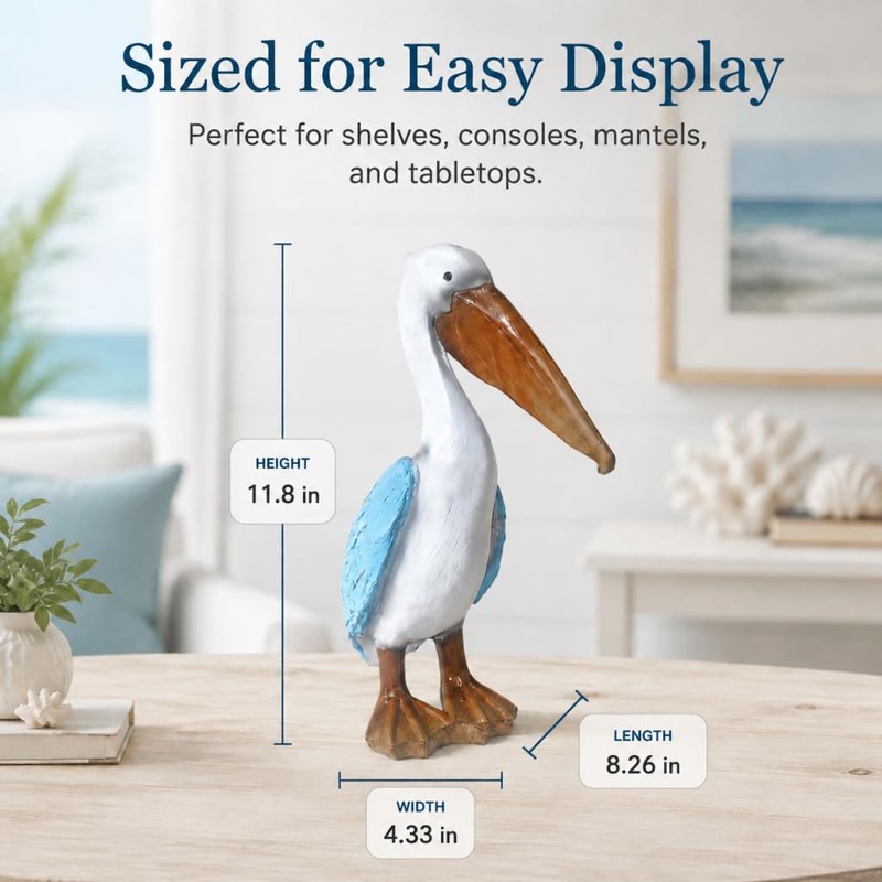 Coastal Beach Nautical Pelican Resin Statue Decor