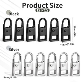 12Pcs Upgraded Zipper Pull Replacement Metal Detachable Zipper Pull Tabs for Boots Purse Coat Luggage Clothing Jackets Backpacks (Silver&Black)